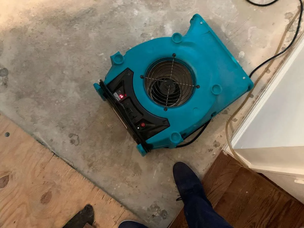 Air mover drying subfloor during Leak Detection & Repair in Hailey